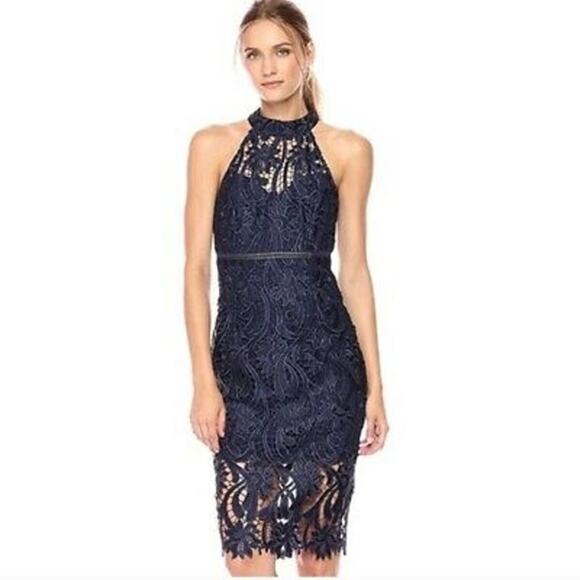 Bardot Floral Lace Halter Navy Blue Pencil Sheath Dress Cocktail Formal Size 4 - Picture 1 of 12